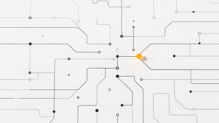 Abstract network of connected nodes on a white surface representing AI content authority and answer engine optimization for B2B brands