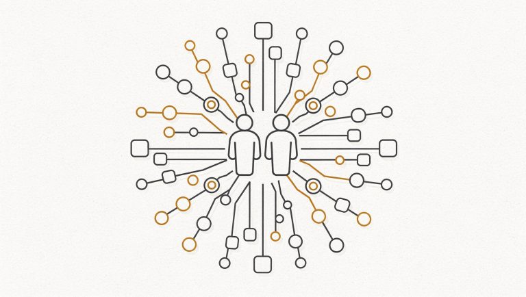 Abstract editorial illustration of two figures connected to a branching network of outputs, representing a small marketing team doing more with AI