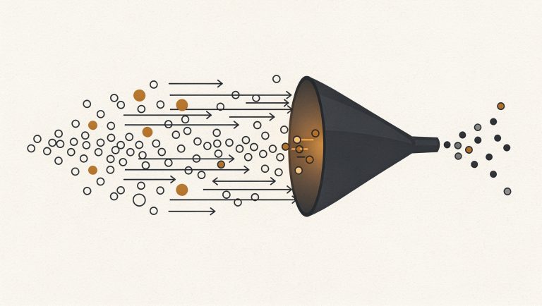 Abstract editorial illustration of a wide stream of visitors flowing into a funnel with only a thin trickle emerging as leads