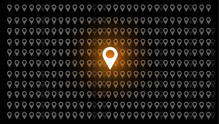 Abstract illustration of one glowing location pin standing out among faded pins, representing a local business getting found on Google