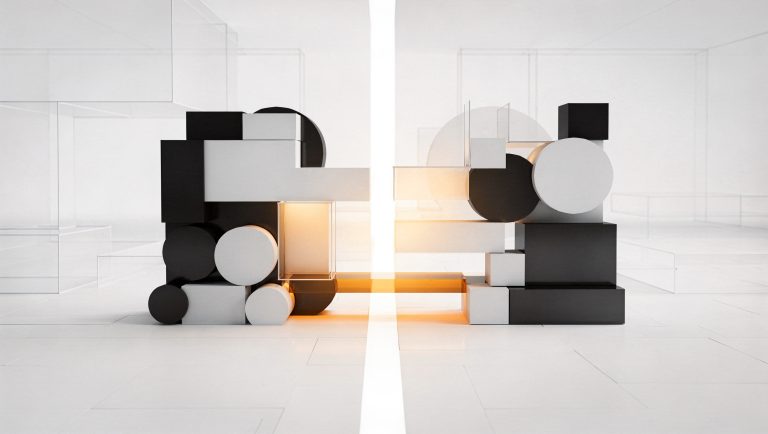 Abstract black, white and amber geometric shapes representing B2B trust building before the first sales call