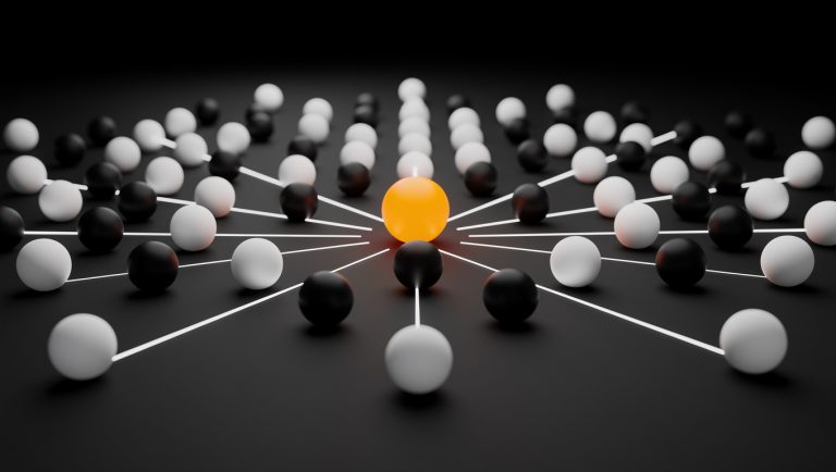 One orange sphere highlighted among rows of black and white spheres, showing how AI search singles out one vendor from many