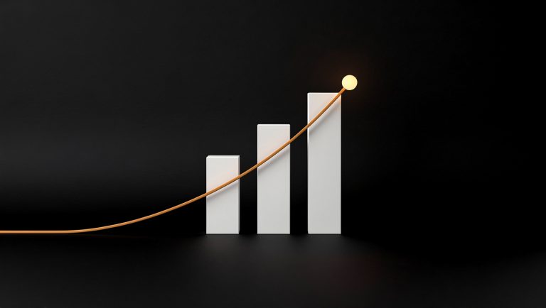 Is your marketing working: three rising white bars with an amber trend line on a black background