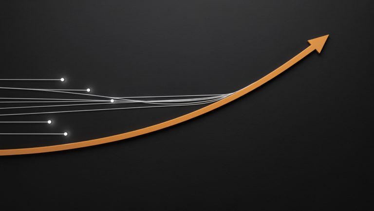 Thin white threads merging into one rising orange line, showing how to connect marketing activity to revenue