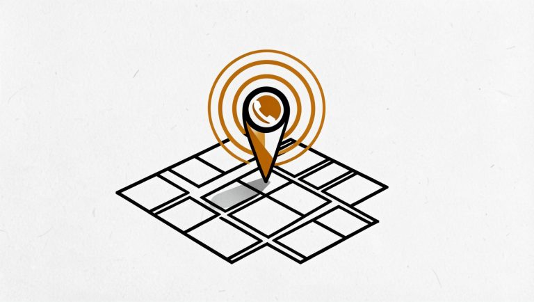 Abstract black, white and amber illustration of a map pin with signal rings over city blocks, representing a local business listing that gets calls