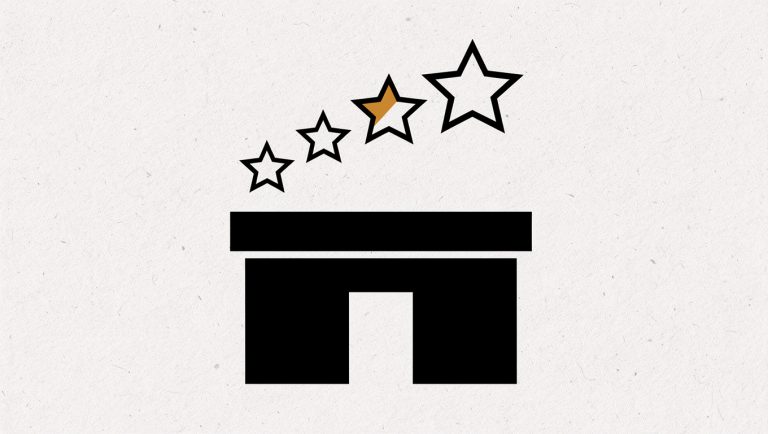 Abstract black, white and amber illustration of five stars rising above a storefront, representing Google reviews for a local business